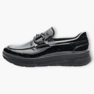 Ara Black Patent Loafers with Chain Detail & Wedge Sole - Wide Fit & Comfortable