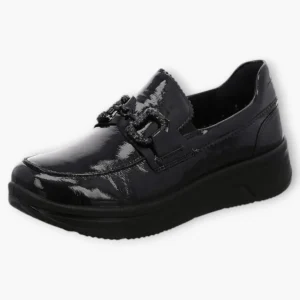 Ara Black Patent Loafers with Chain Detail & Wedge Sole - Wide Fit & Comfortable