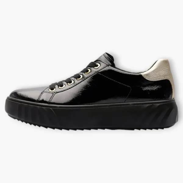 Ara Wide Fit Black Patent Trainer with Gold Heel Detail