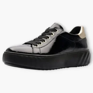 Ara Wide Fit Black Patent Trainer with Gold Heel Detail