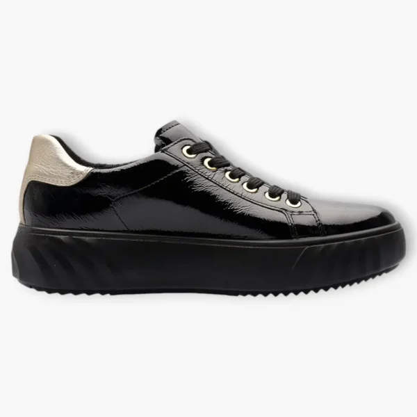 Ara Wide Fit Black Patent Trainer with Gold Heel Detail