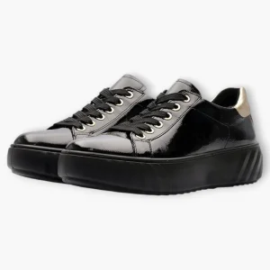 Ara Wide Fit Black Patent Trainer with Gold Heel Detail