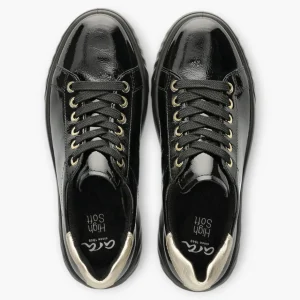 Ara Wide Fit Black Patent Trainer with Gold Heel Detail