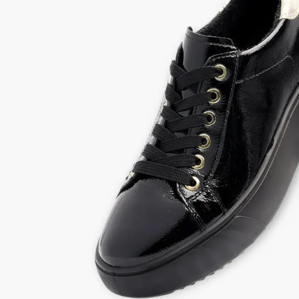 Ara Wide Fit Black Patent Trainer with Gold Heel Detail