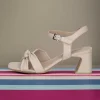 Beige Leather Block Heel Sandal with Bow Detail