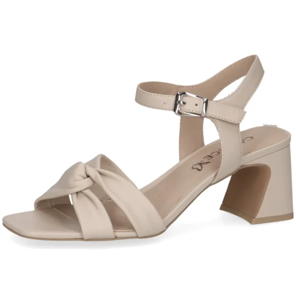 Beige Leather Block Heel Sandal with Bow Detail