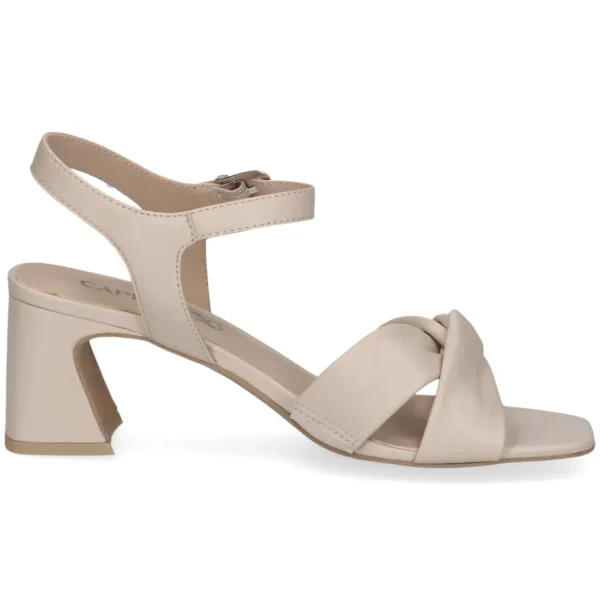 Beige Leather Block Heel Sandal with Bow Detail