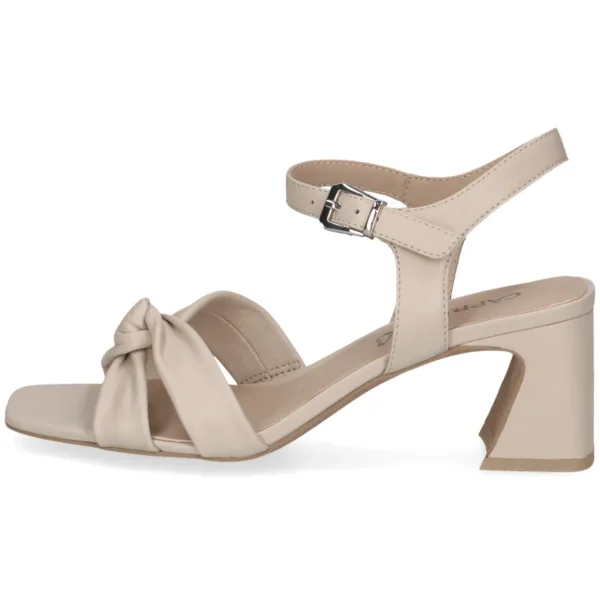 Beige Leather Block Heel Sandal with Bow Detail