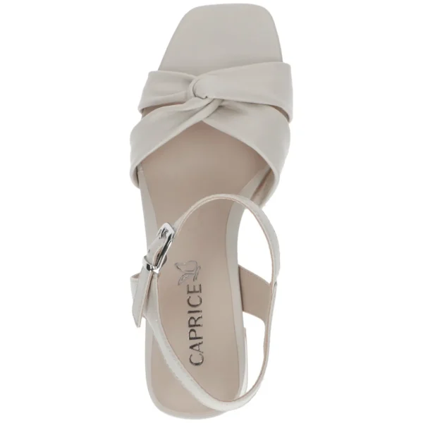 Beige Leather Block Heel Sandal with Bow Detail