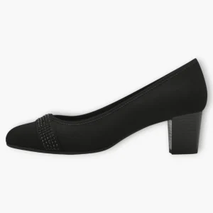 Black Vegan Suede Court Shoes with Block Heel & Strap Detail