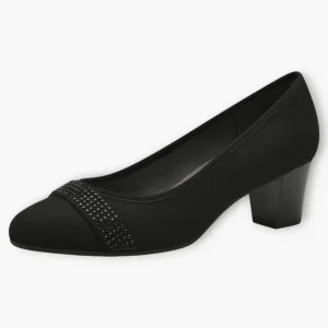 Black Vegan Suede Court Shoes with Block Heel & Strap Detail