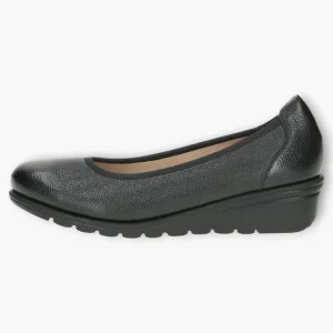 Caprice Black Leather Ballerina Shoes with Wedge Sole and Elasticated Opening