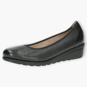 Caprice Black Leather Ballerina Shoes with Wedge Sole and Elasticated Opening