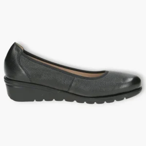 Caprice Black Leather Ballerina Shoes with Wedge Sole and Elasticated Opening