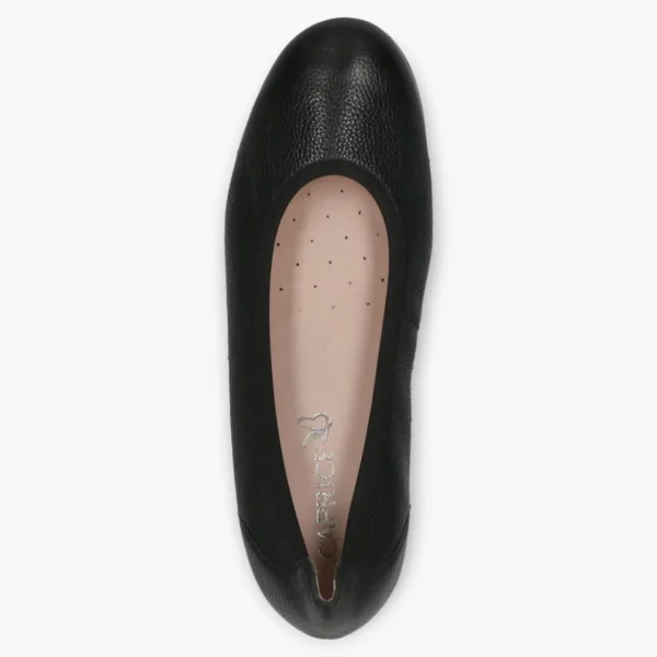 Caprice Black Leather Ballerina Shoes with Wedge Sole and Elasticated Opening