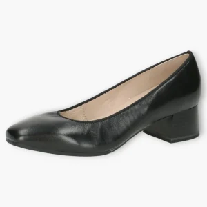 Caprice Black Leather Court Shoes - Block Heel, Wide Fit & Comfortable