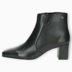 Caprice Black Leather Dressy Ankle Boots with Block Heel and Square Toe