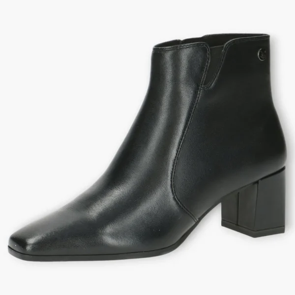 Caprice Black Leather Dressy Ankle Boots with Block Heel and Square Toe