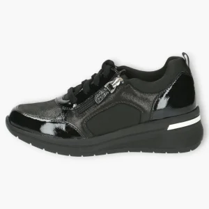 Caprice Black Trainers with Patent Details, Laces & Side Zip - Wide Sole, Wide Fit, Comfort Focused