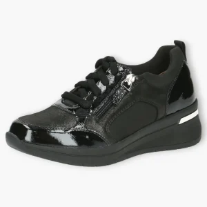 Caprice Black Trainers with Patent Details, Laces & Side Zip - Wide Sole, Wide Fit, Comfort Focused