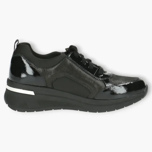 Caprice Black Trainers with Patent Details, Laces & Side Zip - Wide Sole, Wide Fit, Comfort Focused