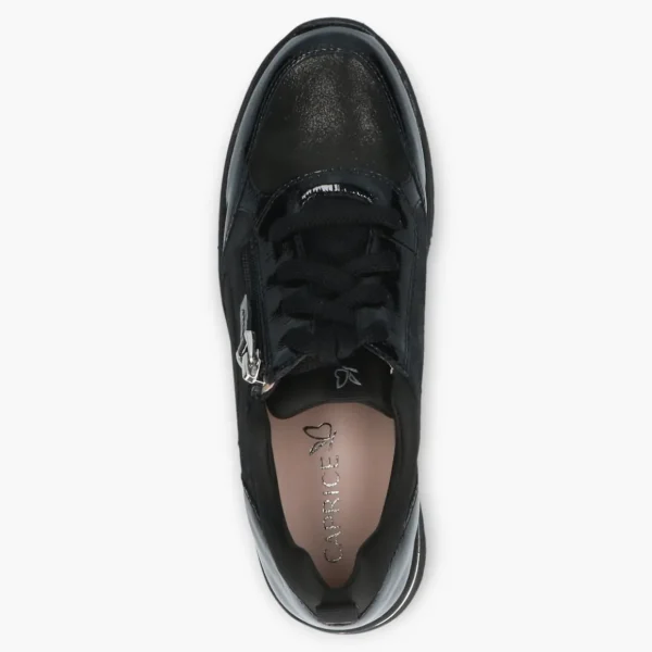 Caprice Black Trainers with Patent Details, Laces & Side Zip - Wide Sole, Wide Fit, Comfort Focused