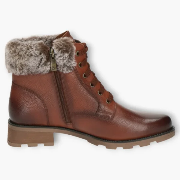 Caprice Brown Ankle Boots with Laces, Side Zip & Chunky Sole - Fur Lined, Wide Fit