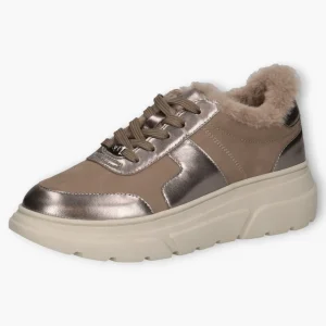 Caprice Taupe Leather Lace-Up Runners with Faux Fur Lining