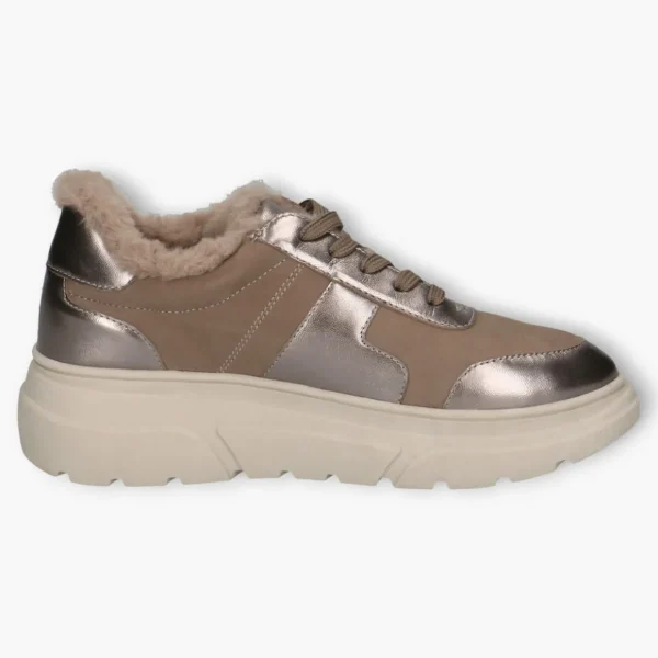 Caprice Taupe Leather Lace-Up Runners with Faux Fur Lining