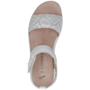 Caprice White Sandal with Snakeskin Detail and Velcro Straps