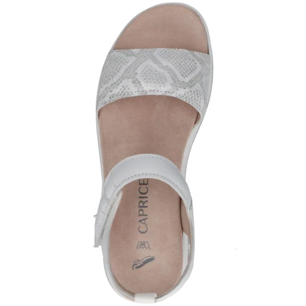 Caprice White Sandal with Snakeskin Detail and Velcro Straps