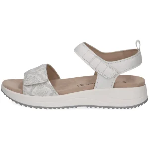 Caprice White Sandal with Snakeskin Detail and Velcro Straps