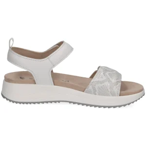 Caprice White Sandal with Snakeskin Detail and Velcro Straps