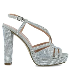 High Heel Silver Sandals with Shimmering Diamante Detailing