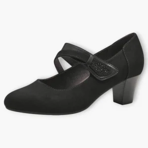 Jana Black Faux Suede Court Shoe with Velcro Strap and Diamante Detail