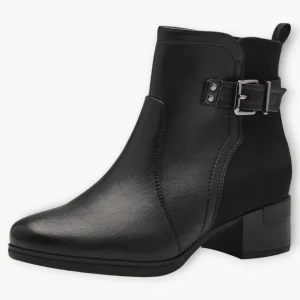 Jana Black Vegan Ankle Boots with Block Heel and Silver Buckle Detail