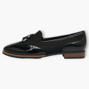 Jana Black Wide Fit Patent Brogue Detail Slip-On Loafers