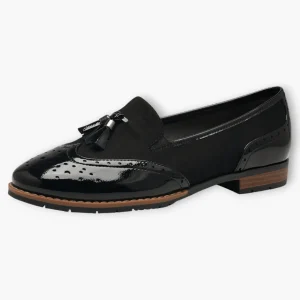 Jana Black Wide Fit Patent Brogue Detail Slip-On Loafers