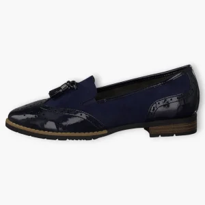 Jana Navy Brogue-Style Slip-On Loafers with Brown Side Sole