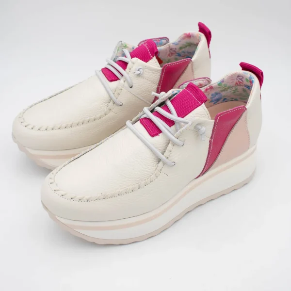 Jose Saenz Women’s Slip-On Moccasin – Off-White & Pink with Bungee Laces