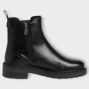 Marco Tozzi Black Leather Chelsea Boots with Side Zip and Chunky Sole