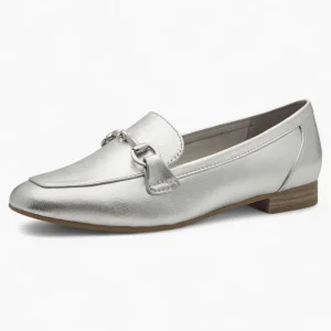 Marco Tozzi Metallic Silver Loafers – Vegan, Cushioned Comfort