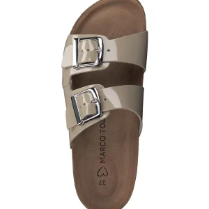 Marco Tozzi Pebble Coloured Leather Sandal with Silver Buckle Detail