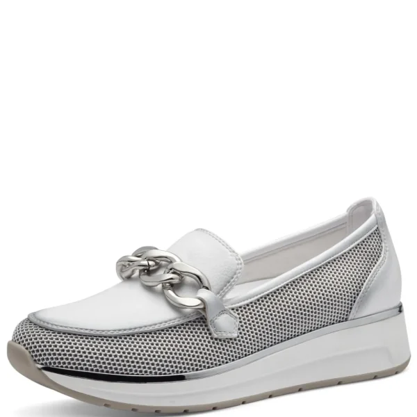 Marco Tozzi White Loafer with Silver Chain Detail and Wedge Sole