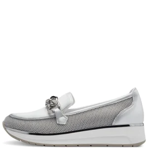 Marco Tozzi White Loafer with Silver Chain Detail and Wedge Sole