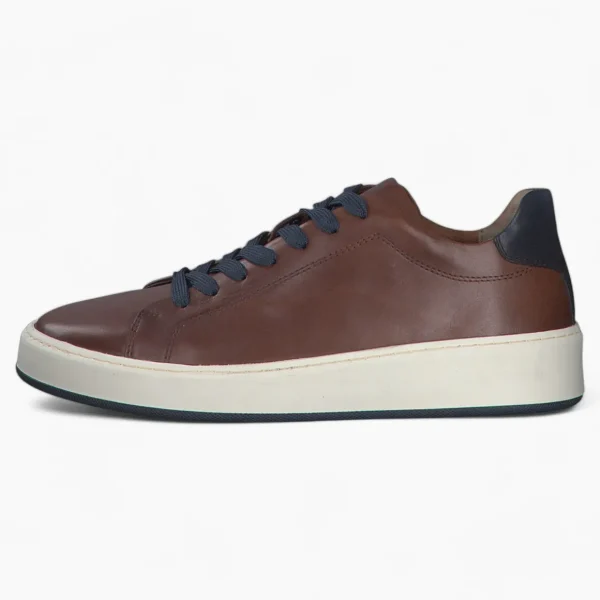 Men's Brown Leather Runner Style Trainers with Blue Accents