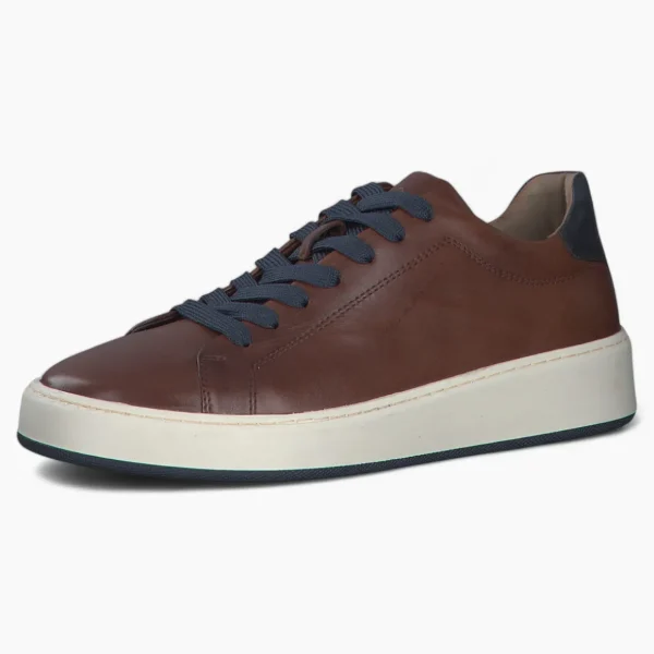 Men's Brown Leather Runner Style Trainers with Blue Accents