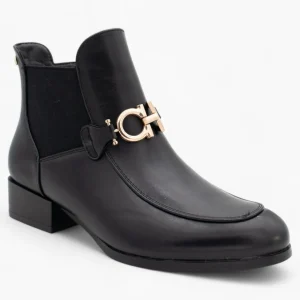 Nine 2 Five Black Ankle Boots with Gold Chain, Block Heel, Cushioned Comfort