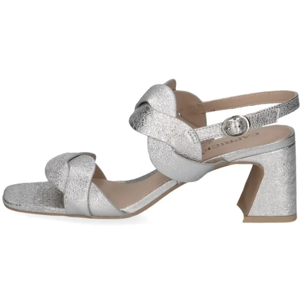 Silver Metallic Block Heel Sandal with Bow Detail