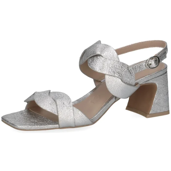 Silver Metallic Block Heel Sandal with Bow Detail